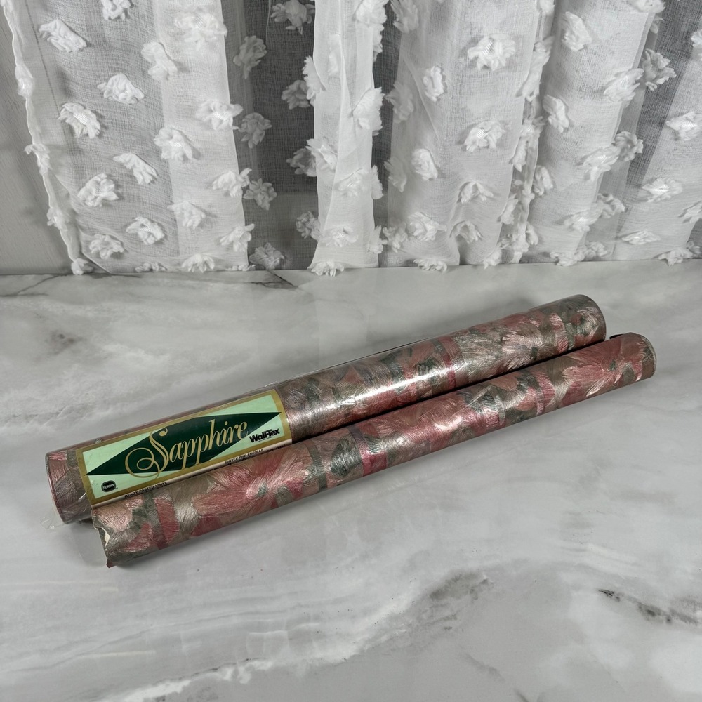 Vtg Sapphire Wall-Tex Vinyl Wallcoverings 1 Full Roll 1 Partial Metallic‎ Floral